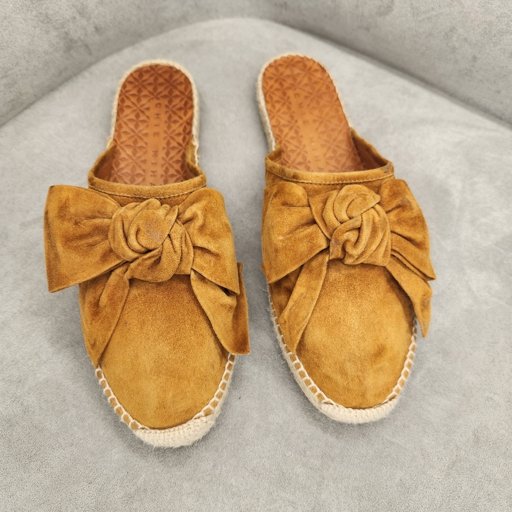 Chie Mihara Espadrille Mules 10 Golden Suede Poliana Bow Quiet Luxury Made Spain
